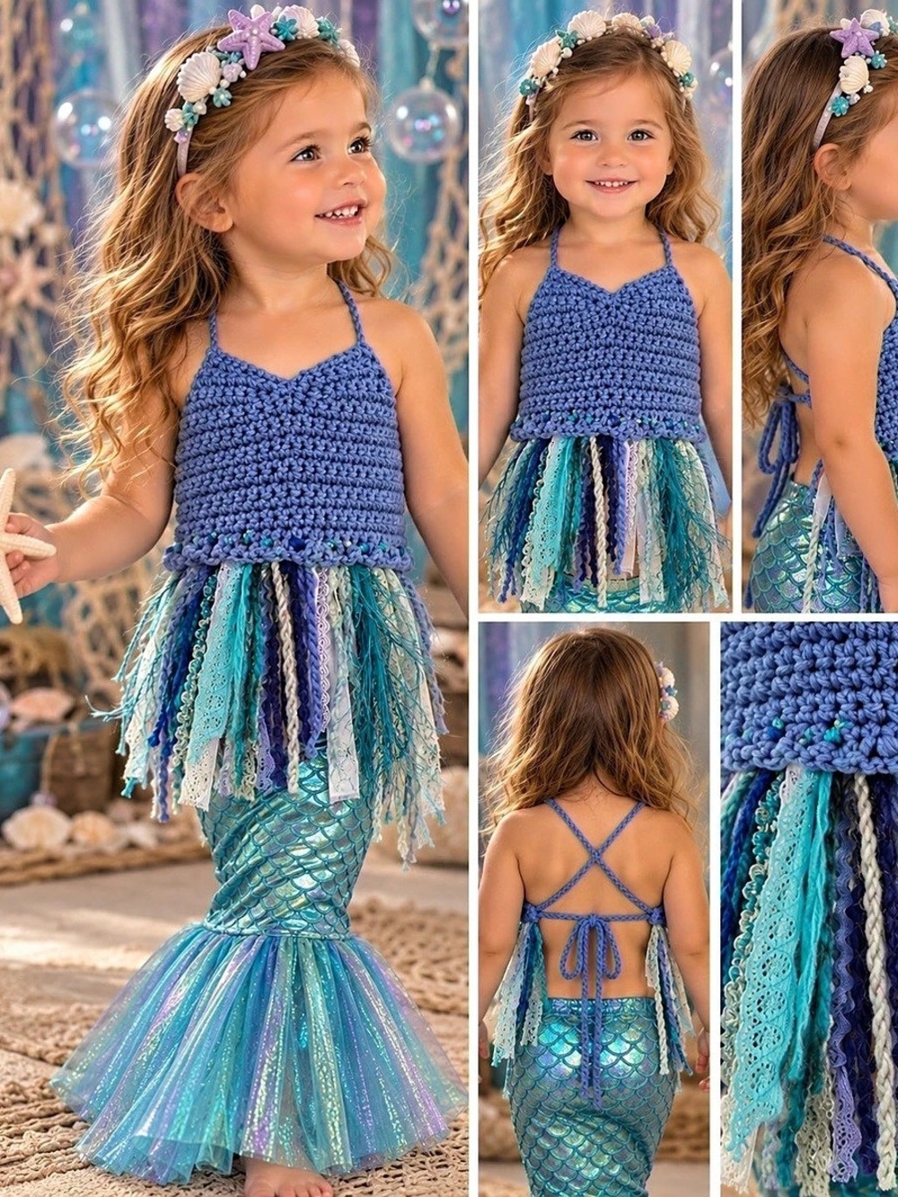 Handmade Girls Crochet Mermaid Costume Top Blue Fringe 3-5Y